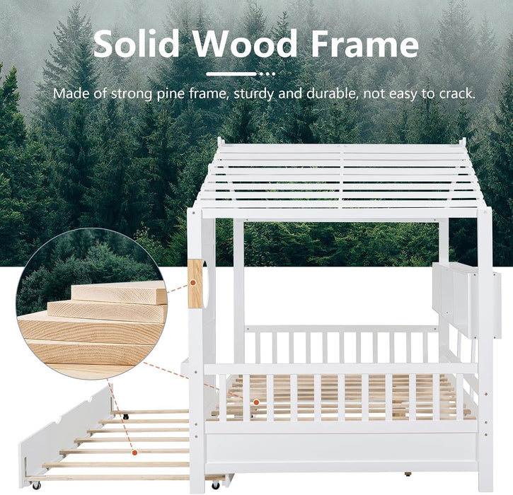 White Full Size PlayhousePlatform Bed With WindowAndFence