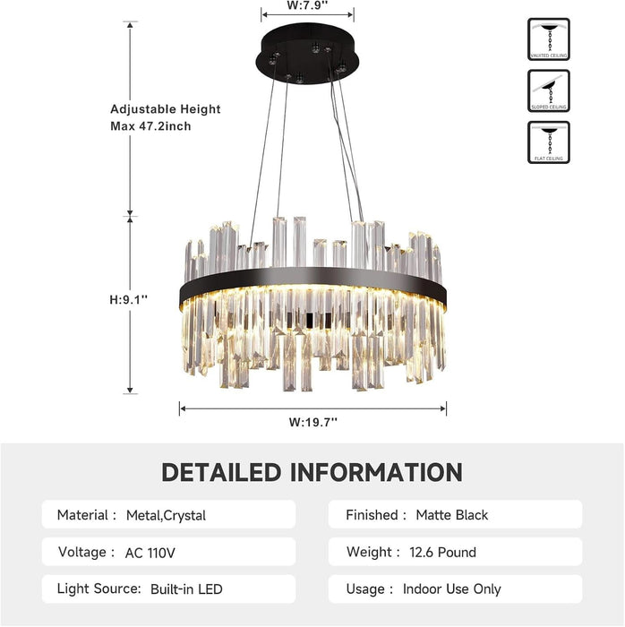 Black Led Modern Crystal Chandelier: 19.7" round Contemporary 3 Color Dimmable Dining Room Light Fixture over Table - Adjustable Lighting Chandeliers for Bedroom Living Kitchen Island Entryway Foyer