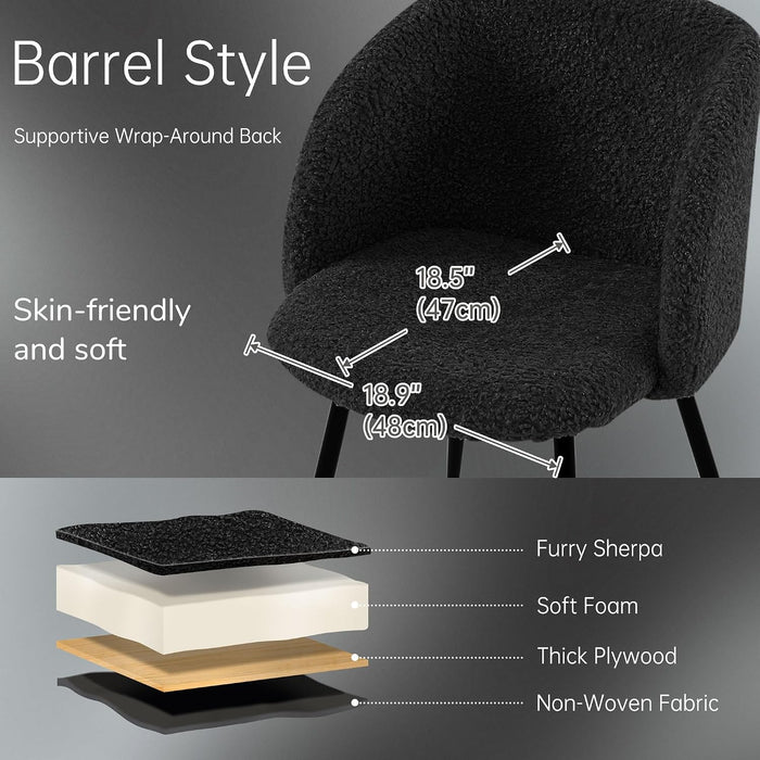 Accent Chairs Set of 2, Fuzzy Sherpa Dining Chairs with Barrel Back, Upholstered Faux Fur Armchairs with Black Metal Leg, Living Room Chairs (Black)