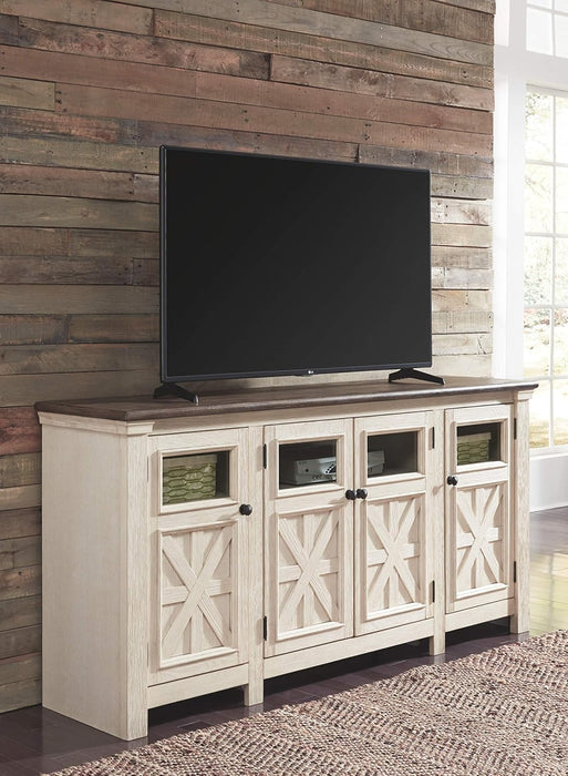 Bolanburg Extra Large TV Stand, Fits Tvs up to 72", 3 Cabinets, Adjustable Storage Shelves, 74.13", Whitewash & 2-Tone Finish