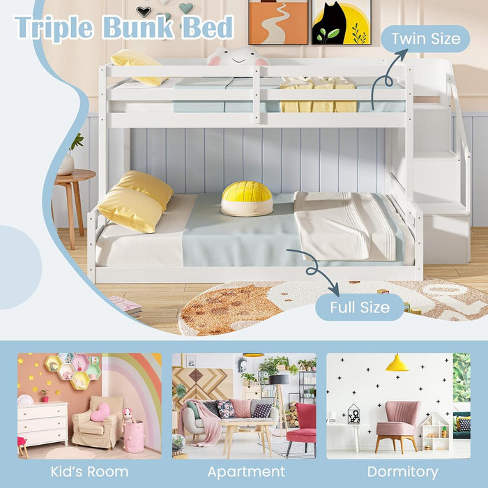 White SolidWood TwinOverFullBunkBed StairsGuardRails