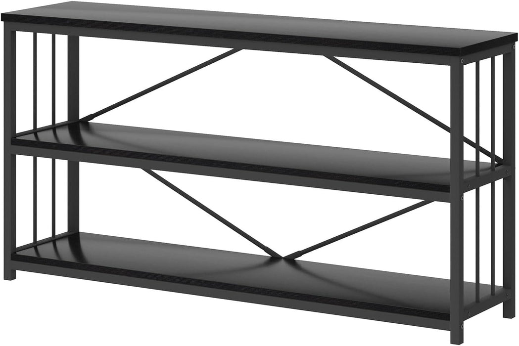 Black Long Bookshelf, Large Wood Wide Horizontal Bookcase under Window, Modern Long Open Book Shelf for Bedroom Living Room, Industrial Wooden Metal Bookshelves for Home Office, Black Oak, 63 Inch