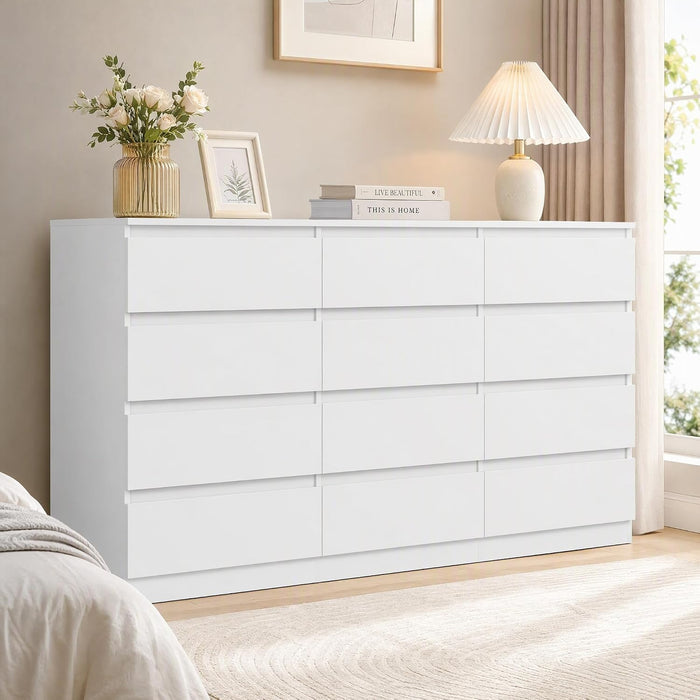 White 12 Drawer Dresser for Bedroom,Modern Long Deep Drawer Dresser,Wood Storage Chest of Drawer, Storage Organizer Drawers for Living Room