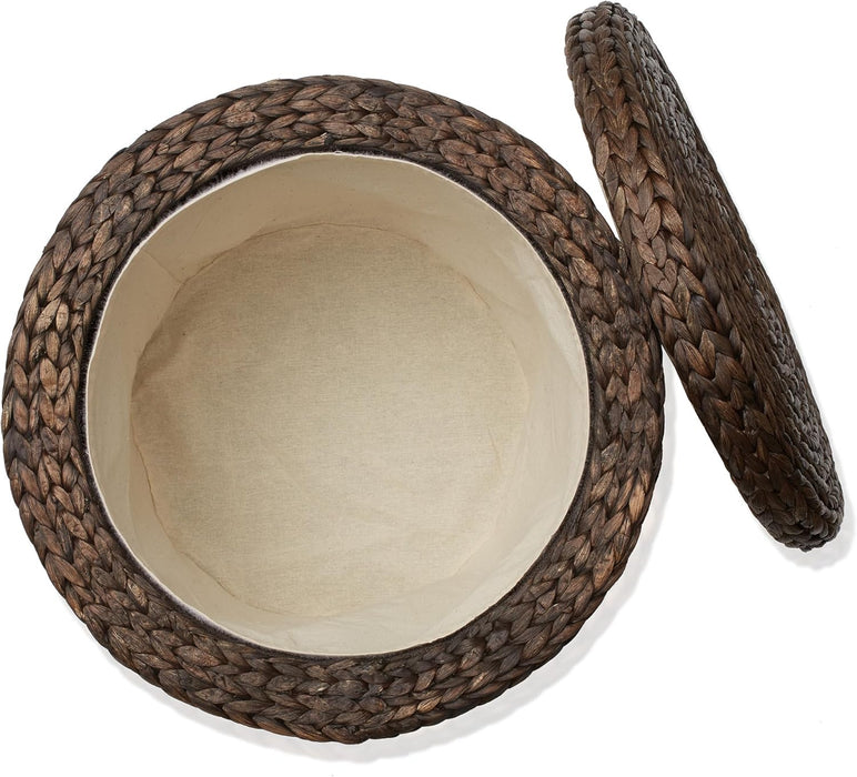 17" round Storage Ottoman with Lid - Espresso, Handwoven Water Hyacinth Footstool for Living Room, Bedroom, Bathroom, Home Office