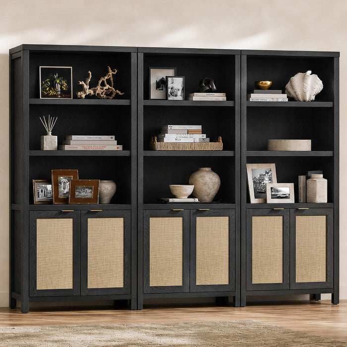 71" Tall Bookcase 5 Tier Rattan Bookshelf with Doors for Library | Farmhouse Storage Book Shelf with Adjustable Shelves Large Book Case Bookshelves for Living Room Home Office Bedroom Kitchen