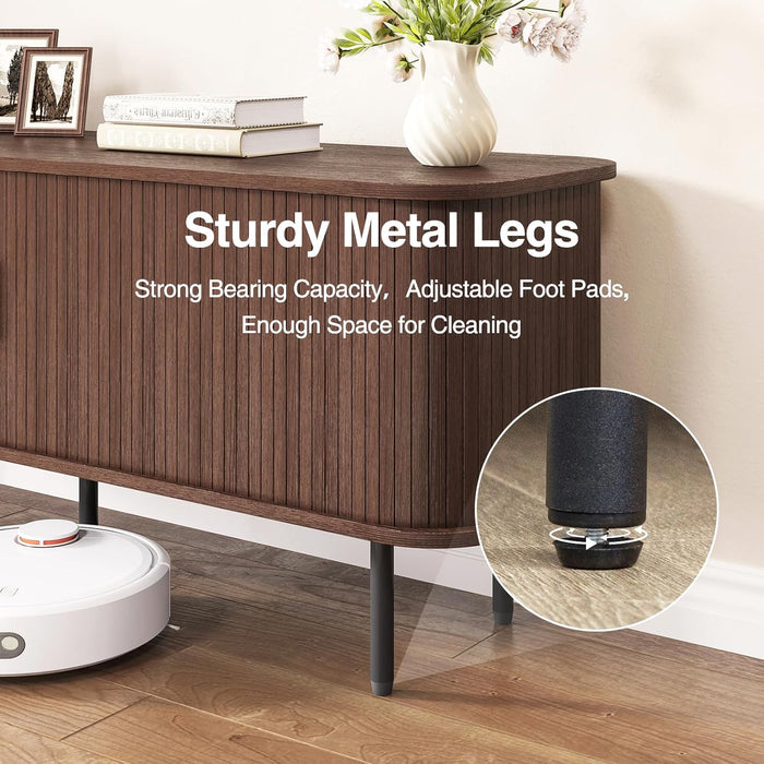 55" Mid Century Modern Fluted TV Stand for Tvs up to 65 Inch, Gaming Entertainment Center with Tambour Slatted Sliding Doors, Media TV Consoles Table for Living Room, Walnut