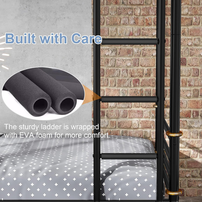 Quad Bunk Bed, Heavy Duty Metal 4 Bunk Beds for Kids with Ladders, Detachable Industrial L-Shaped Bunk Beds, Space Saving Design,Can Be Divided into 3 Twin Beds, Black