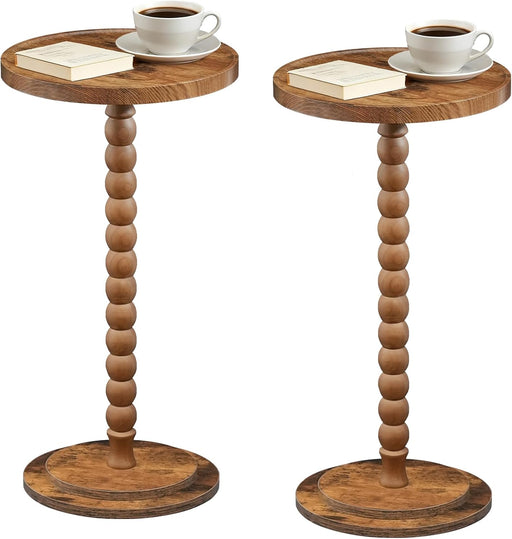 Set of 2 Small round Side Tables, Drink Tables with Solid Wood Legs, Martini Tables with Pedestal Accent, for Small Space, Living Room, Bedroom, Sofa Couch, Rustic Brown FG187BZP201