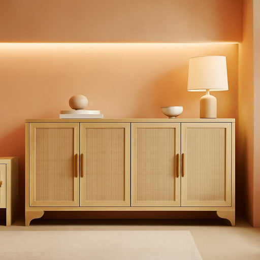 4-Door Sideboard Buffet Cabinet, Natural Rattan Storage Cabinet, Boho Entryway Console Table, Coffee Bar Station for Dinning Room, Living Room, Kitchen