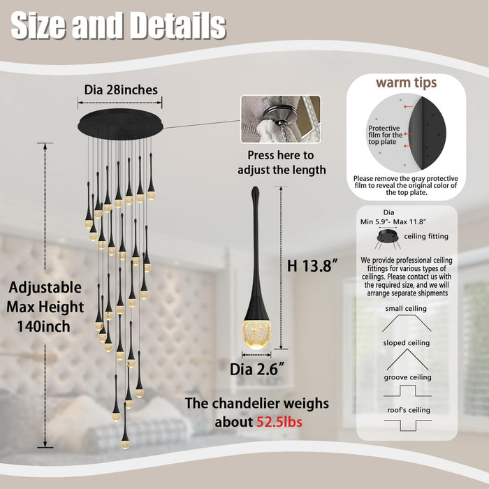 H138''Modern Crystal Chandelier for High Ceiling,Large Spiral Crystal Chandeliers,Luxury Raindrop Foyer Chandeliers,Hanging Pendants Lighting for Entryway, Staircase,Hallways,Living Room