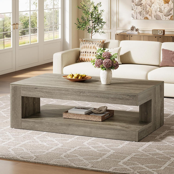 Coffee Table for Living Room, 47.24 Inch Farmhouse 2-Tier Accent Center Tea Cocktail Table with Storage, Elegant Grey, Rectangular