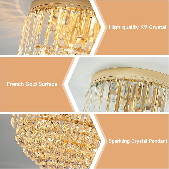 Modern 3-Lights Crystal Chandelier French Gold,11.8" Semi Flush Mount Crystal Ceiling Light LED round Chandelier Light E12 Base for Bedroom Living Room