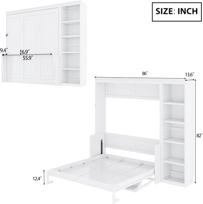 Murphy Bed Chest Full Size,Hideaway Wall Bedframe with Desk and Bookshelf,Space Saving Cabinet Bed W/Shelf,Slat Support,Can Be Folded,Bedroom Furniture for Small Space,White