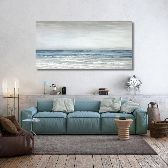 Abstract Wall Art Painting Wall Decor Large Artwork Textured Blue and White Sea Background Canvas Wall Art for Living Room Bedroom Home Decor 28"X57"