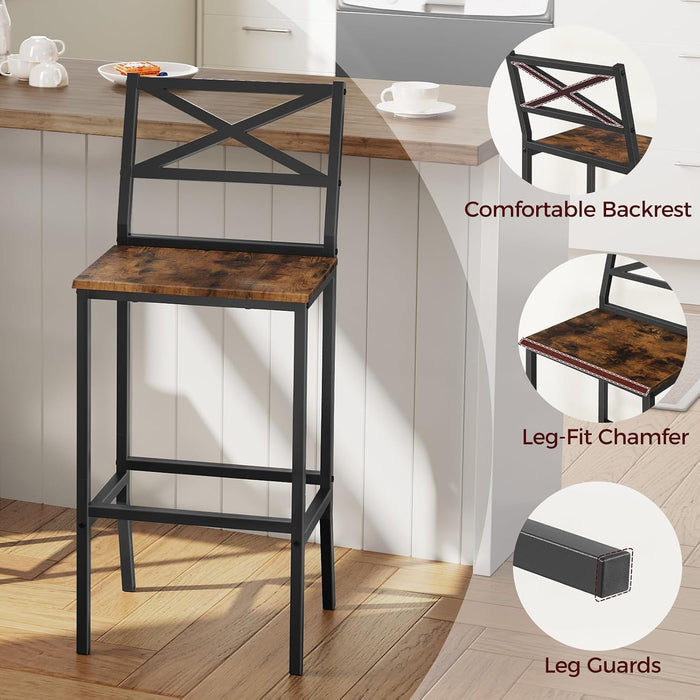 Bar Stools, Set of 2 Bar Chairs with Backrest and Footrest, 26" Tall Counter Bar Stools, Kitchen Breakfast Bar Chairs, Easy Assembly, for Dining Room, Rustic Brown BAHR0901N1