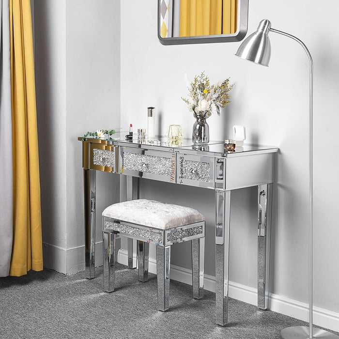 Silver Mirrored Vanity Desk, Glass Vanity W/Drawers and Flip Mirror, Bling Mirror Vanity Desk for Women Girls Bedroom, Makeup Room & Office Writing Desk