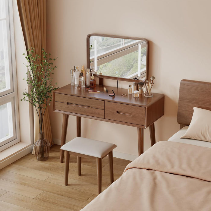 Solid Wood Vanity Desk with Mirror and Lights,Adjustable Height and Brightness, Makeup Vanity with 3 Drawers,Semi-Assembled,Dressing Table for Bedroom (Walnut)