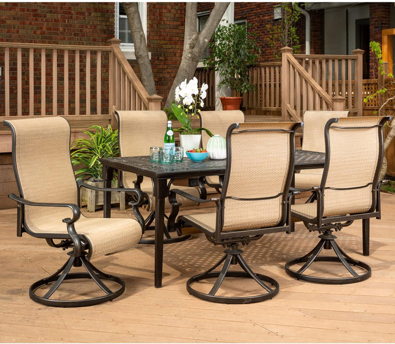 Brigantine 7-Piece Outdoor Dining Set, Weather-Resistant Patio Dining Set for 6 with Rectangular Table and Sling Swivel Rockers for Backyard, Patio, Deck, Porch, Pergola, Poolside