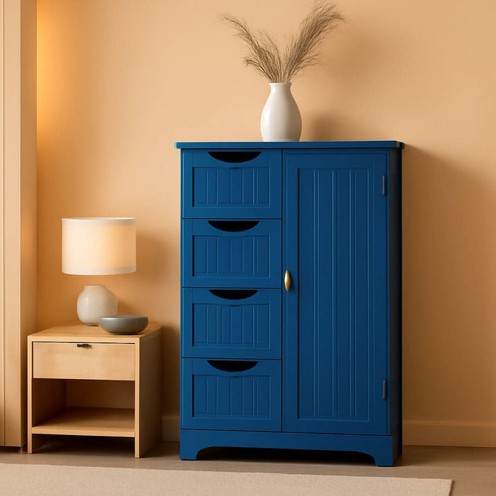 Wooden Bathroom Floor Cabinet, Side Storage Organizer Cabinet with 4 Drawers and 1 Cupboard, Freestanding Entryway Storage Unit Console Table, Bathroom Furniture Home Decor, Navy Blue