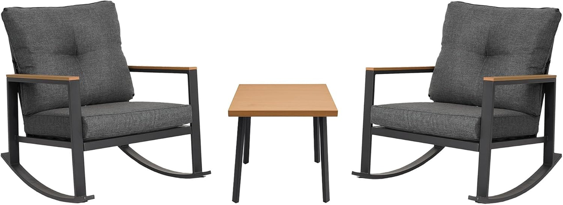 3 Pieces Rocking Bistro Set, Outdoor Patio Furniture Set with Thick Cushions and Coffee Table, Patio Conversation Sets for Garden, Balcony, Backyard, Grey