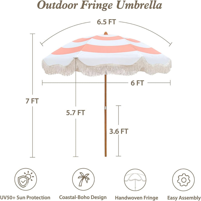Upgraded Boho Fringe Umbrella, 6.5Ft Canvas Umbrella