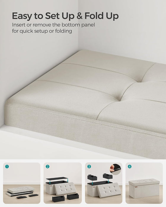 Mazie Collection - Storage Ottoman Bench, Foldable Foot Rest, 15 X 30 X 15 Inches, End of Bed Bench, Storage Chest, Load 660 Lb, Living Room, Bedroom, Entryway, Cream White ULSF247W01