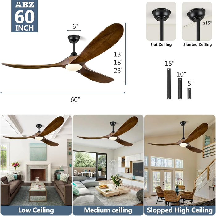 60 Inch Ceiling Fans with Lights, Solid Wood Propeller Ceiling Fans with Lights and Remote Control Outdoor Ceiling Fan for Patios Propeller 3 Blades for Indoor Living Room, Walnut Wood