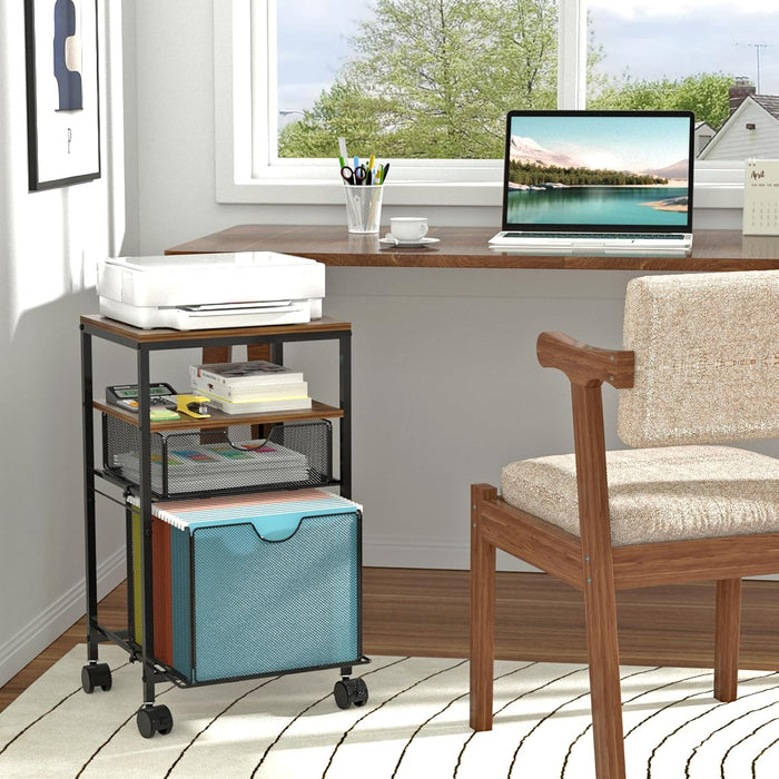 Rolling File Cart, File Cart for under Desk Storage, Mobile Wood & Mesh Filing Cabinet with Sliding Drawer, for A4, Hanging File Folders, Printer, 14.7" L X 11.8" D X 25.3" H