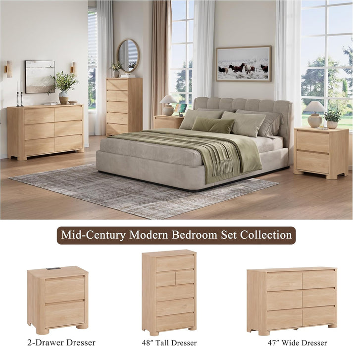 Dresser for Bedroom with 6 Drawers, 47" W Modern Chest of Drawers with Unique Thickened Foot, Rounded Corner Design, Wooden Dresser Organizer for Bedroom, Living Room, Hallway, Natural Oak