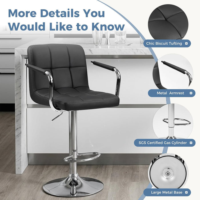Swivel Bar Stools Set of 4, PU Leather Counter Height Bar Chairs | Adjustable Height, Barstools with Metal Armrests, Backrest, Water-Resistant, Kitchen Island, Pub, Dining Room, Black