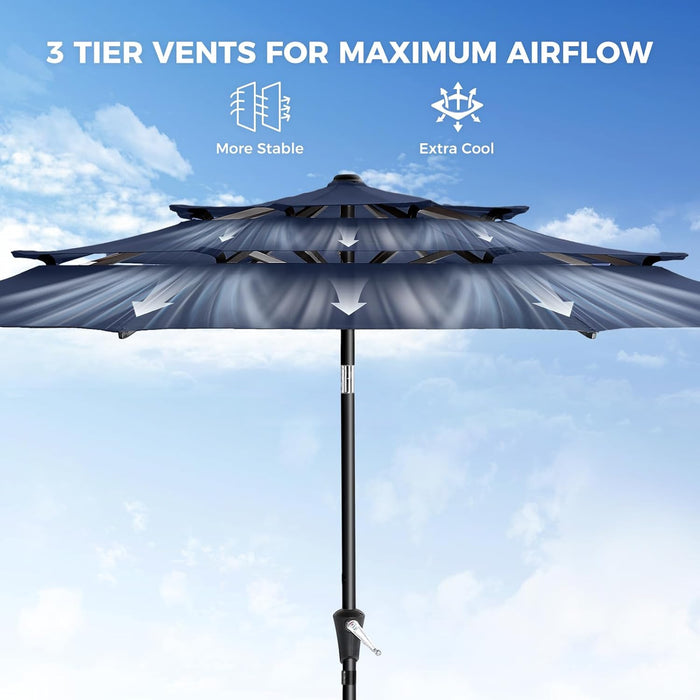 9FT 3-Tiers Outdoor Patio Umbrella with 5-Year Fade Resistant,Vented Outdoor Commercial Market Umbrella with UPF50+ UV Protection & Push Button Tilt and Crank for Pool,Backyard(Navy Blue)