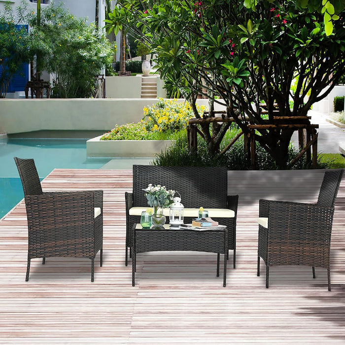 4-Piece Patio Conversation Set Outdoor Furniture with Cushion, Rattan Wicker Chairs, a Sofa and Coffee Table with Tempered Glass Top for Backyard Porch Garden Poolside Balcony (Brown+Beige)