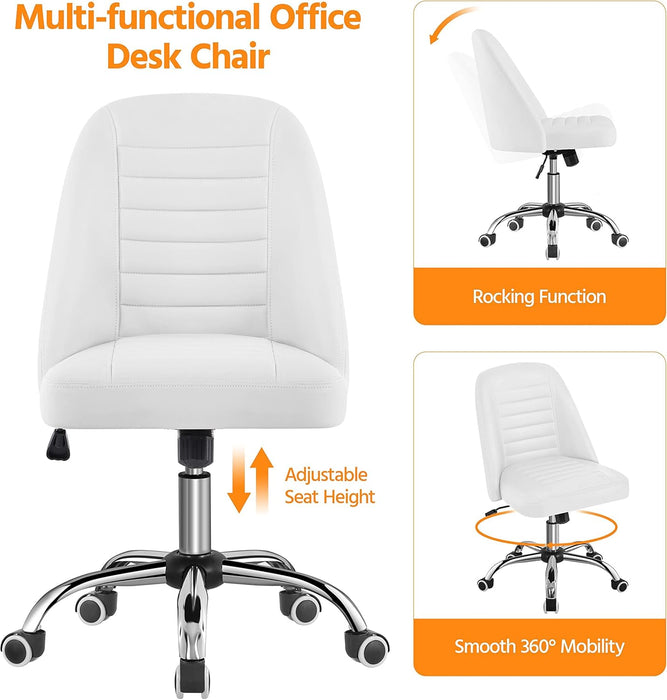 PU Leather Armless Office Chair, Mid Back Desk Chair, Computer Task Chair, Modern Vanity Chair with Rolling Wheels, Metal Base White