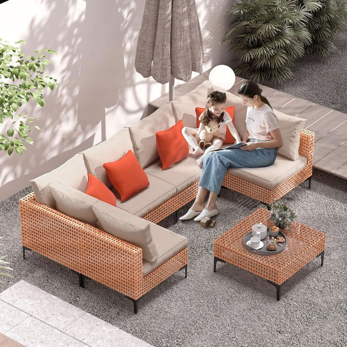 5 Piece Outdoor Patio Furniture Set Modular Outdoor Furniture Set Wicker Outdoor Sectional Sofa with Cushions and Table Patio Set for Balcony Porch Deck Yard ( (Salmon&Orange Wicker, Sand Cushion))
