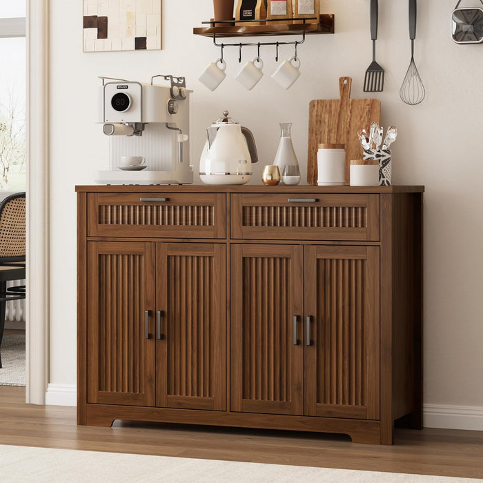 Buffet Cabinet with 2 Storage Drawers, Farmhouse Coffee Bar Table with Storage and Adjustable Shelf, 47.2" Wide Fluted Sideboard Cabinet for Kitchen, Dining Room, Living Room, Entryway, Modern Walnut