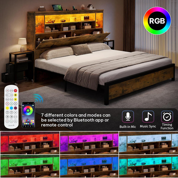 Queen Size Bed Frame with Storage Bookcase Headboard & RGB LED Lights, Slide Out Bedside Storage, Charging Station, Heavy Duty Metal Slats, No Box Spring Needed, Noise-Free, Rustic Brown