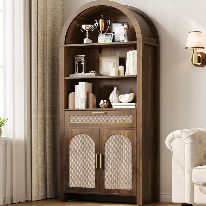 71.3" Tall Arched Bookshelf with Doors - 5 Tier Rattan Arched Bookcase