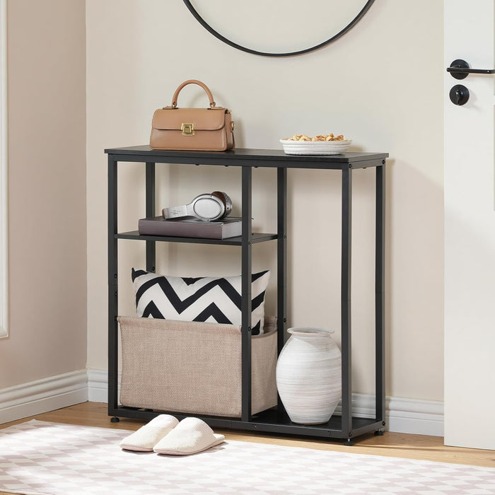 Narrow Console Table with Storage Basket, 29.5" Small Entryway Table with 3-Tier Storage Shelves, behind Couch Sofa Table, Hallway Table for Living Room, Black and Beige BB60XG01