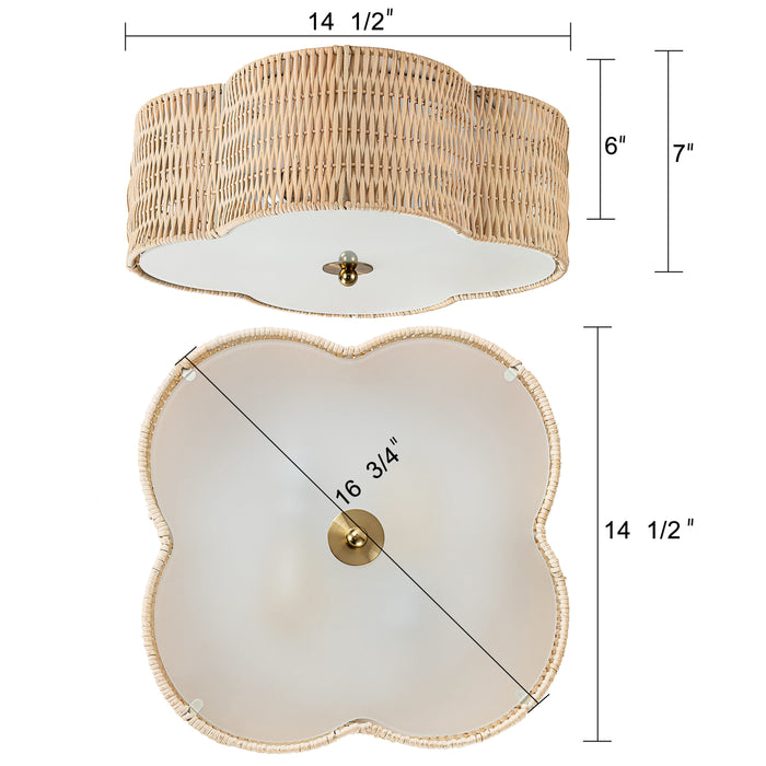 2-Light Farmhouse Rattan Ceiling Flush Mount with Glass Bottom(E26)