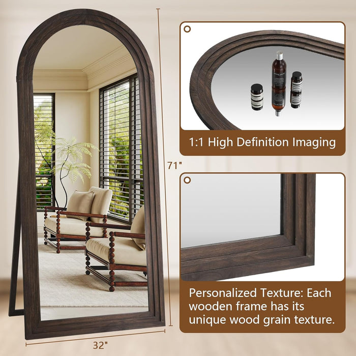 Arched Full Length Mirror with Solid Wood Frame, 71"X32" Rustic Farmhouse Large Floor Mirror with Stand, Free Standing Leaning Hanging, for Bedroom Living Room Dressing Room Entryway, Brown