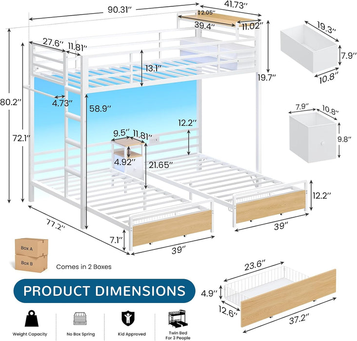 Triple Bunk Bed With BuiltInStorage Shelving White