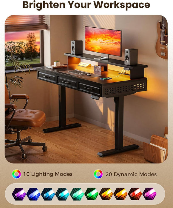 Electric Standing Desk with 3 Wooden Drawers, 48 Inch Height Adjustable Desk with Power Outlets & LED Lights, Black Sit Stand Table with Monitor Stand for Home, Office, Workstation