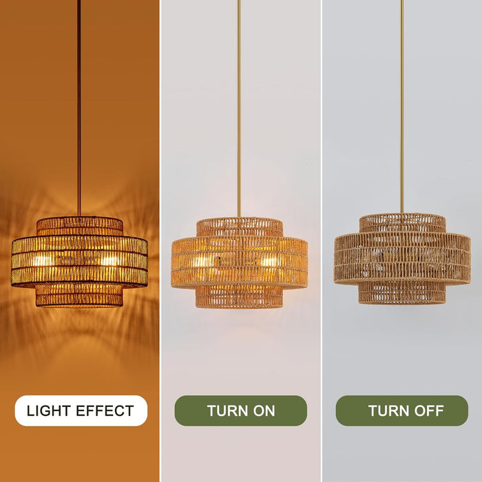 Boho Rattan Chandelier Four Light Fixture Goldtone