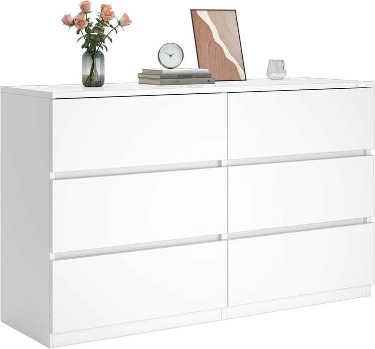 6 Drawer Dresser for Bedroom, Modern White Chest of Drawers No Handles Large Storage, Wood Dressers with Wide Drawers for Closet, Living Room, Home Office(43.3" W X13.4 Dx 26.4" H)
