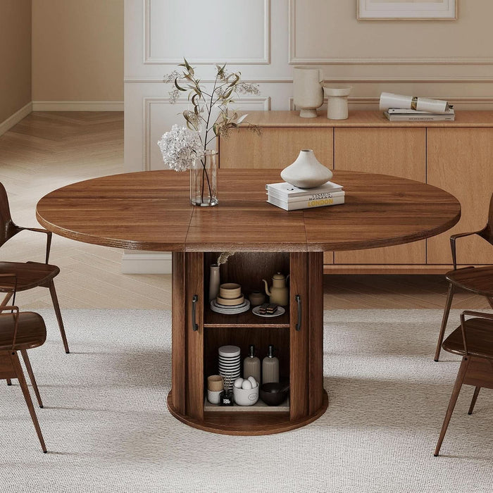 47.2"–63" Extendable Dining Room Table for 4-8, Round-To-Oval Expandable Dining Table with Dust-Proof 2-Tier Shelf, Space-Saving Wood Kitchen Table for Living Room, Walnut