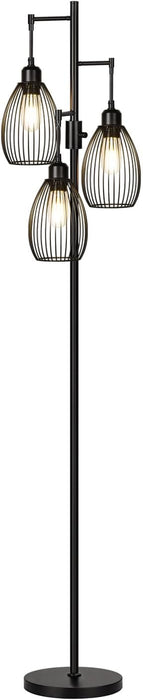 Dimmable Floor Lamp, 3 X 800LM LED Edison Bulbs Included, Farmhouse Industrial Floor Lamp Standing Tree Lamp with Elegant Teardrop Cage Tall Lamps for Living Room Bedroom Office Dining Room-Black