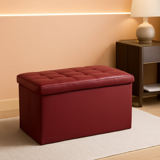 Ottoman Bench with Storage 30X15X15 Inches White Ottoman for Room Folding Leather Footrest Footstool Rectangle Collapsible Furniture with Lid for Bedroom Living Room Burgundy