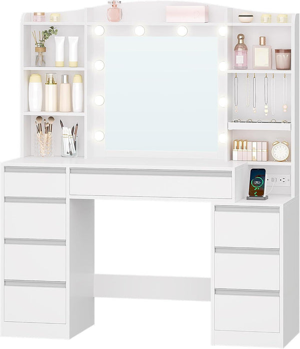 Vanity Desk with Mirror, Makeup Vanity with RGB Led Lights,Dressing Table with Power Strip,8 Drawers & 8 Storage Shelves, 47.2Inch Desktop, Modern, White