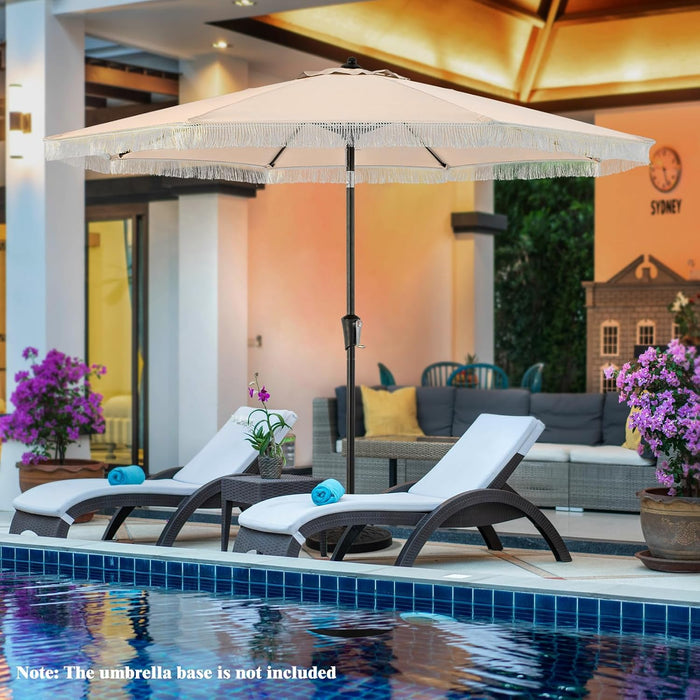 9Ft Patio Umbrella with Fringe, 2-Tier Outdoor Boho Umbrella with Tassels, Crank Handle, Push Button Tilt, Sun-Protective Canopy, 8 Ribs for Deck Backyard Poolside
