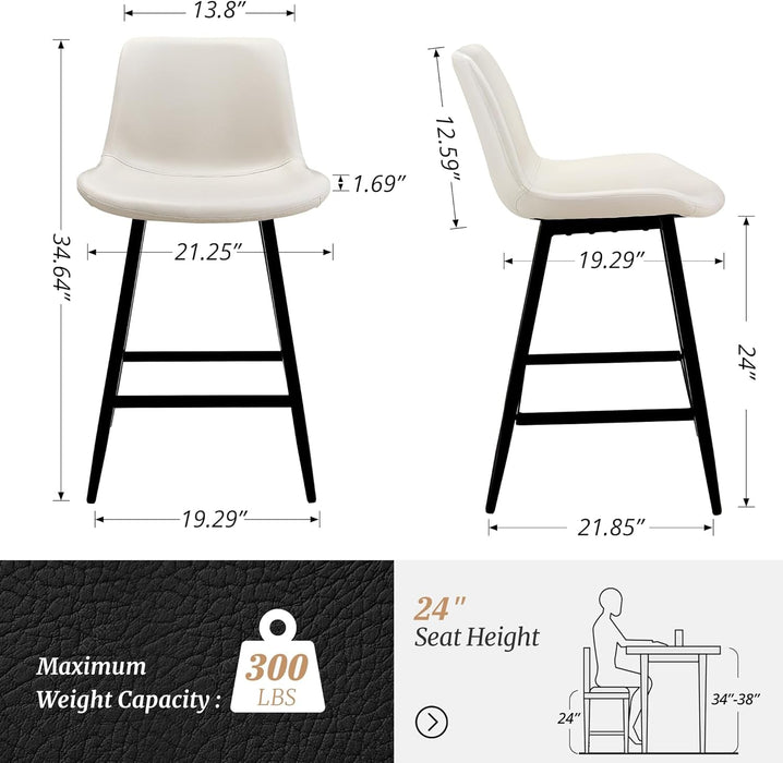24 Inch Counter Stool, Modern Bucket Barstool Set of 3, Barstools with Back and Footrest, Faux Leather Bar Stools for Kitchen Island Restaurants, Antique White